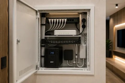 Аккуратно смонтированный встроенный шкаф с сетевым оборудованием и ИБП
